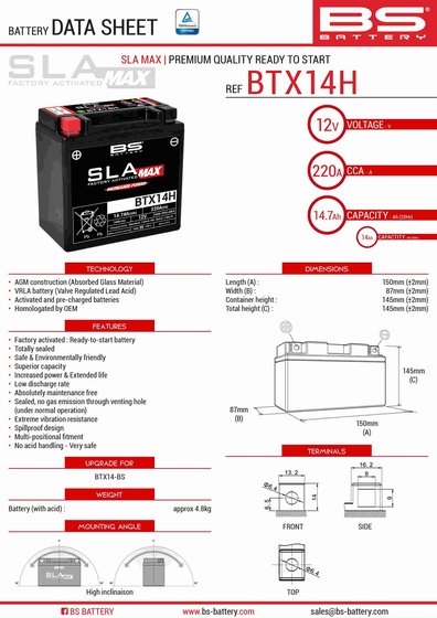 RIVER 500 (1999 - 2001) btx14h sla max battery | BS BATTERY