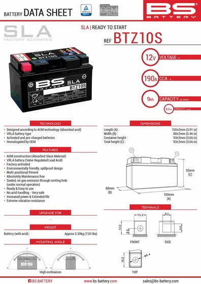 BRUTALE 1090 (2010 - 2018) btz10s sla battery | BS BATTERY