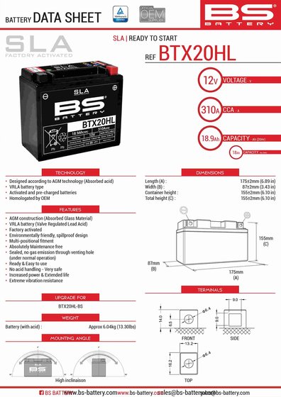 MXZ 600 (2002 - 2019) btx20hl sla battery | BS BATTERY