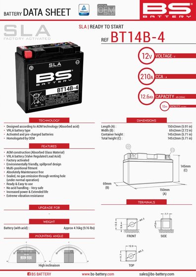 GV 650 (2009 - 2010) bt14b-4 sla 12v 210 a battery | BS BATTERY