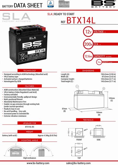 1200 FIREBOLT (2004 - 2010) btx14 sla 12v battery | BS BATTERY