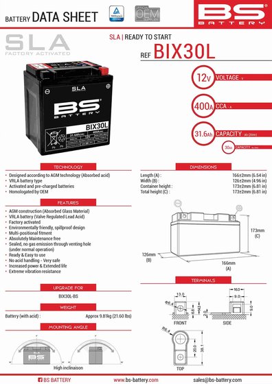 WILDCAT (2012 - 2018) bs bix30l sla battery | BS BATTERY