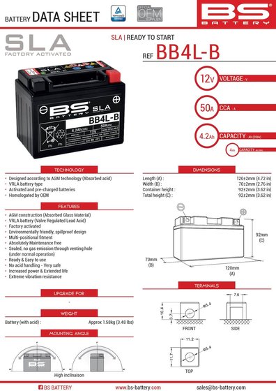 PEPE 50 LX (1999 - 2016) bb4l-b sla battery | BS BATTERY