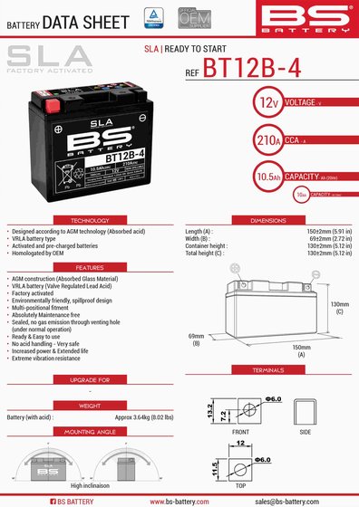 RUNNER 200 (2002 - 2010) bt12b-4 sla 12v 210 a battery | BS BATTERY