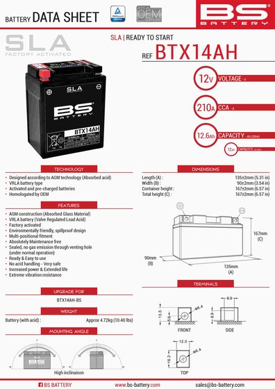 BEAR CAT 340 (1995 - 2000) btx14ah sla 12v 210 a battery | BS BATTERY