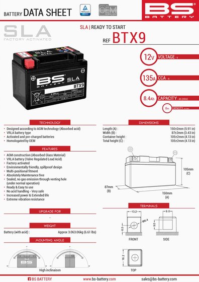 HIMALAYAN (2017 - 2021) btx9 sla 12v 135 a battery | BS BATTERY