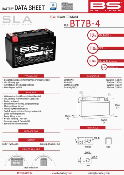 125 TANGO PRO (2019 - 2022) bt7b-4 sla 12v 105 a battery | BS BATTERY