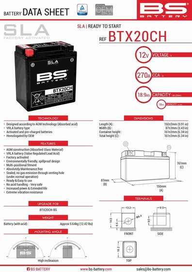 FUOCO 500 (2007 - 2013) btx20ch sla 12v 270 a battery | BS BATTERY